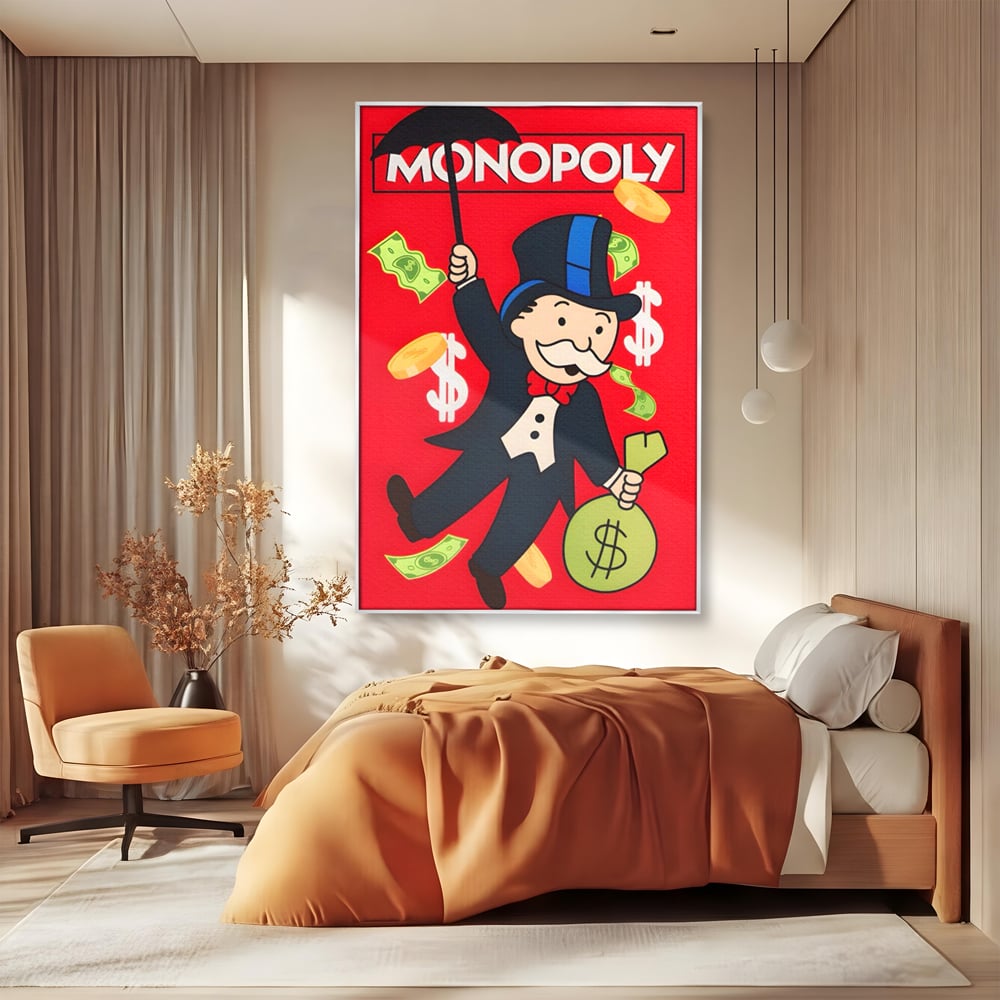 Tablou canvas cu tablou canvas cu domnul monopoly pe fond rosu, in rama de aluminiu argintiu, pe perete intr-un dormitor